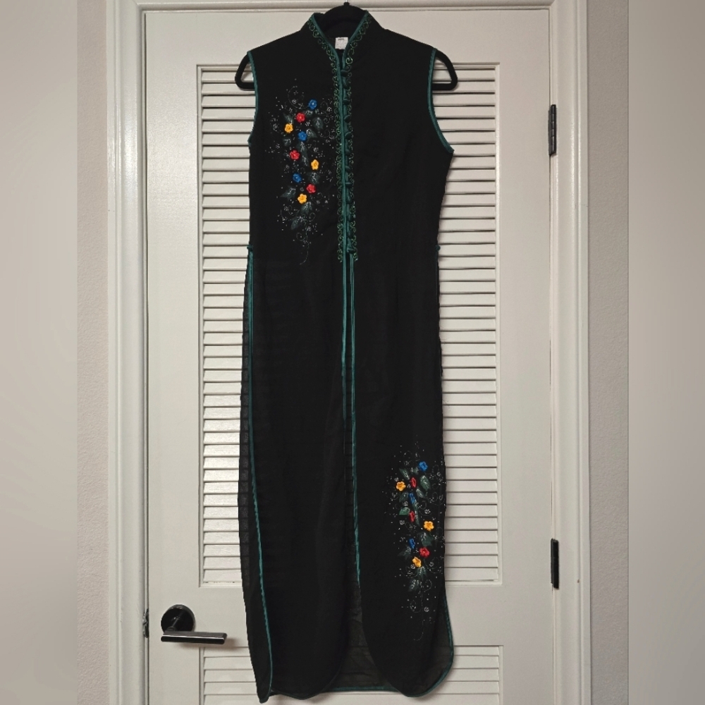 Floral Long Sheer Sleeveless Embroidered Jacket Dress With Glitter Detail